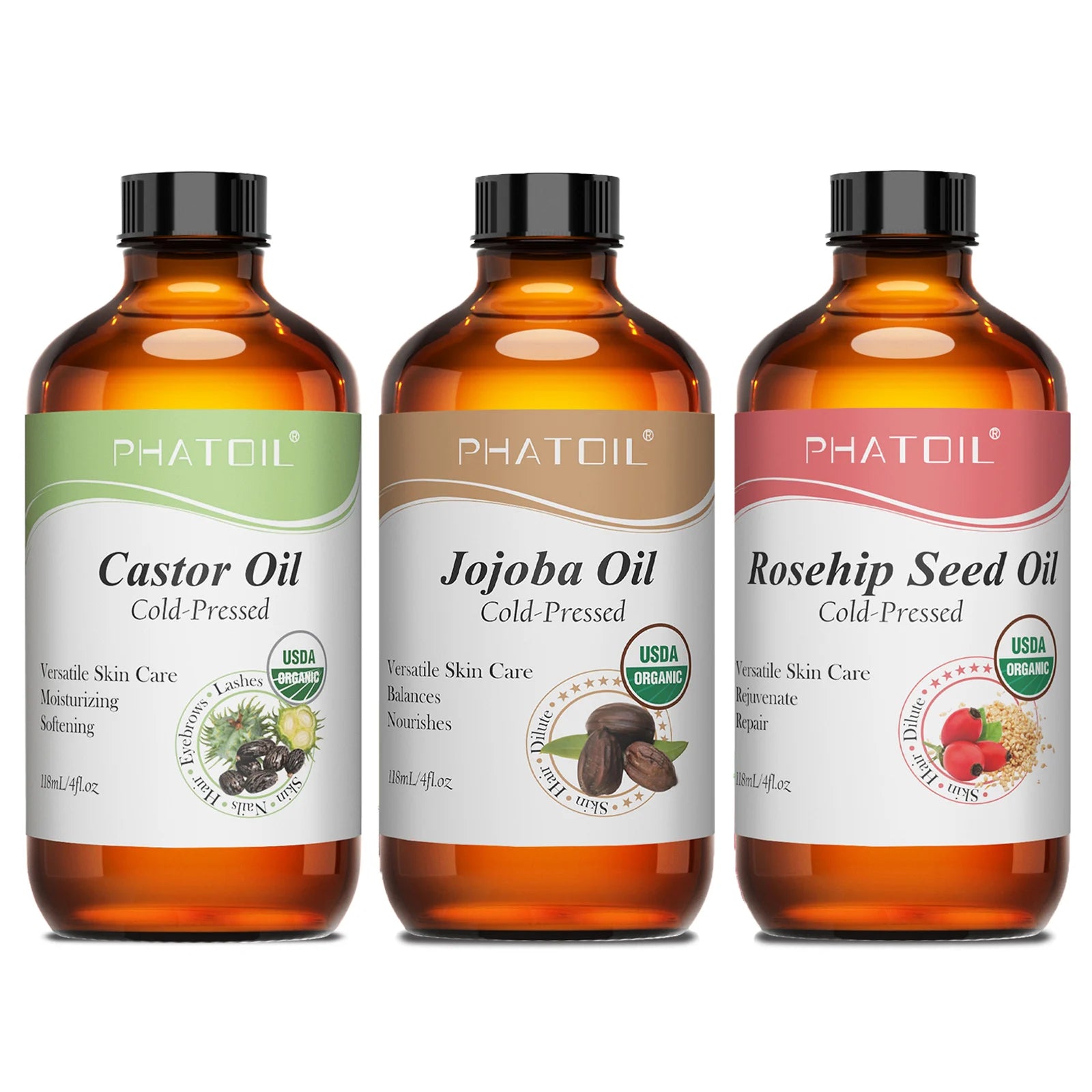 PHATOIL 100% Organic 236ml Castor Oil 118ml Jojoba Rosehip Seed Oil For Moisturizing Skin Care,Hair Growth,Eyelashes & Eyebrows