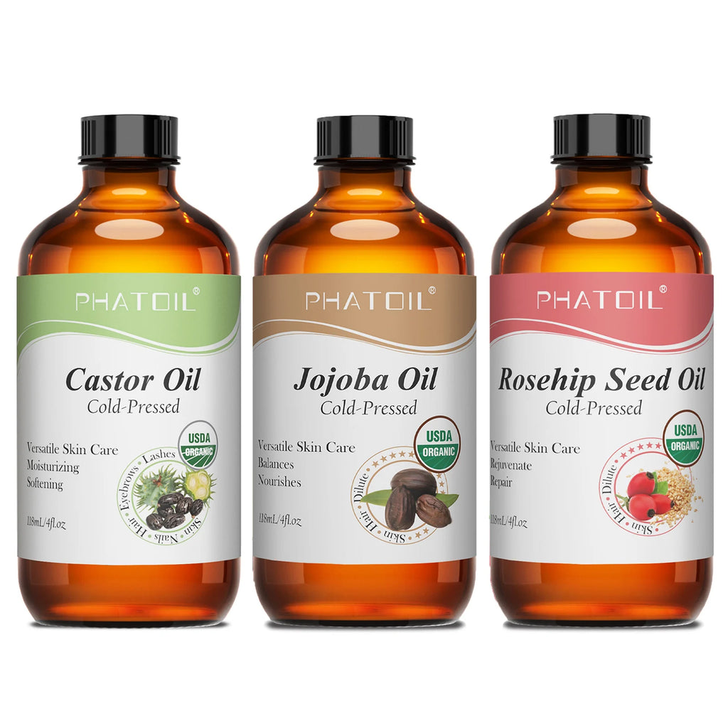 PHATOIL 100% Organic 236ml Castor Oil 118ml Jojoba Rosehip Seed Oil For Moisturizing Skin Care,Hair Growth,Eyelashes & Eyebrows