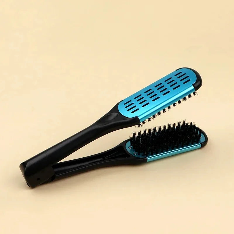 Pro Hairdressing Straightener Hairbrush Nylon Hair Straightening Double Brushes V Shape Comb Clamp Not Hurt Styling Tools DIY