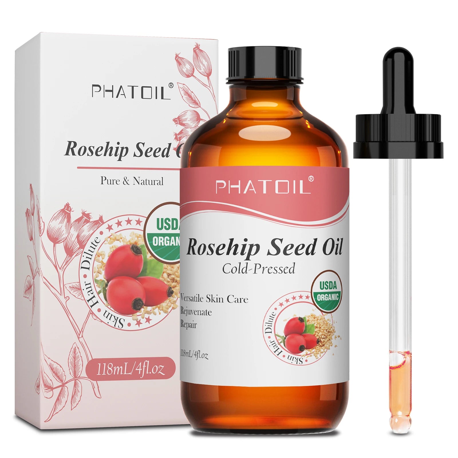 PHATOIL 100% Organic 236ml Castor Oil 118ml Jojoba Rosehip Seed Oil For Moisturizing Skin Care,Hair Growth,Eyelashes & Eyebrows
