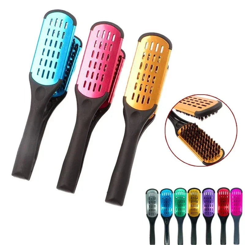 Pro Hairdressing Straightener Hairbrush Nylon Hair Straightening Double Brushes V Shape Comb Clamp Not Hurt Styling Tools DIY