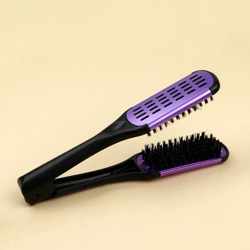 Pro Hairdressing Straightener Hairbrush Nylon Hair Straightening Double Brushes V Shape Comb Clamp Not Hurt Styling Tools DIY