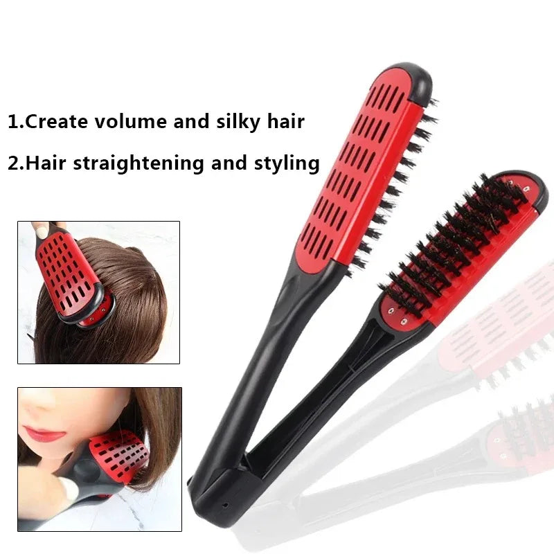 Pro Hairdressing Straightener Hairbrush Nylon Hair Straightening Double Brushes V Shape Comb Clamp Not Hurt Styling Tools DIY