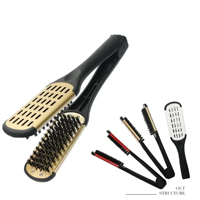 Pro Hairdressing Straightener Hairbrush Nylon Hair Straightening Double Brushes V Shape Comb Clamp Not Hurt Styling Tools DIY
