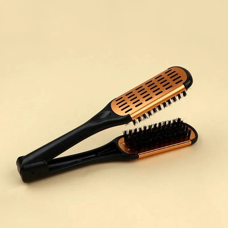 Pro Hairdressing Straightener Hairbrush Nylon Hair Straightening Double Brushes V Shape Comb Clamp Not Hurt Styling Tools DIY